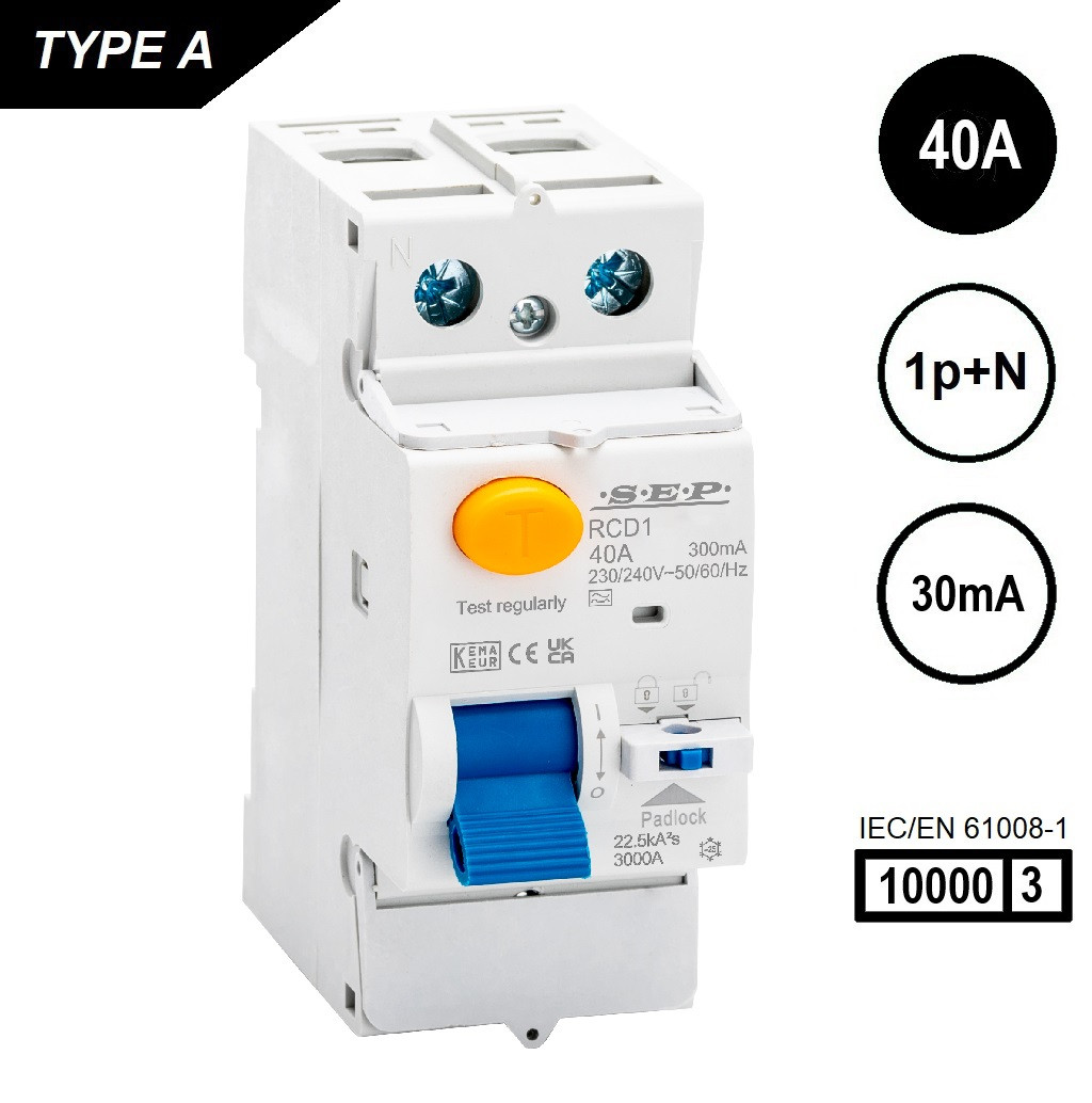 SEP RCD1 Type A aardlekschakelaar 2-polig 40A 30mA 10kA
