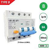 SEP RCMB Aardlekaut. Type B, 3p+n B6 300mA 6kA (81mm)