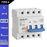 SEP RCM4 Aardlekautom. 3p+n, C50, 100mA, 6kA, Type A[S], (81mm)