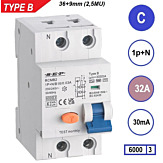 SEP RCMB Aardlekaut. Type B, 1p+n C32 30mA 6kA (45mm)