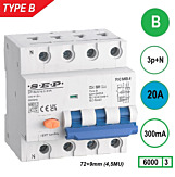 SEP RCMB Aardlekaut. Type B, 3p+n B20 300mA 6kA (81mm)